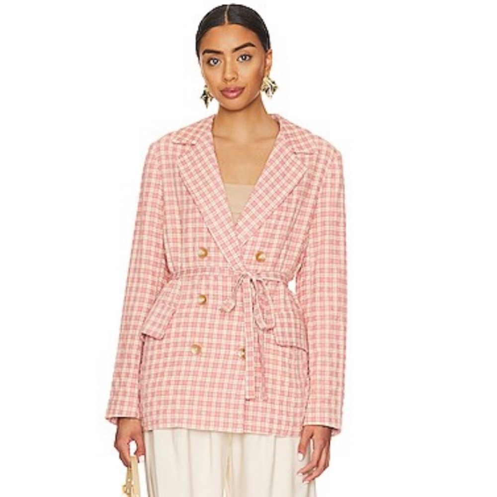🆕 Free People Olivia Gingham Blazer in Pink and Cream